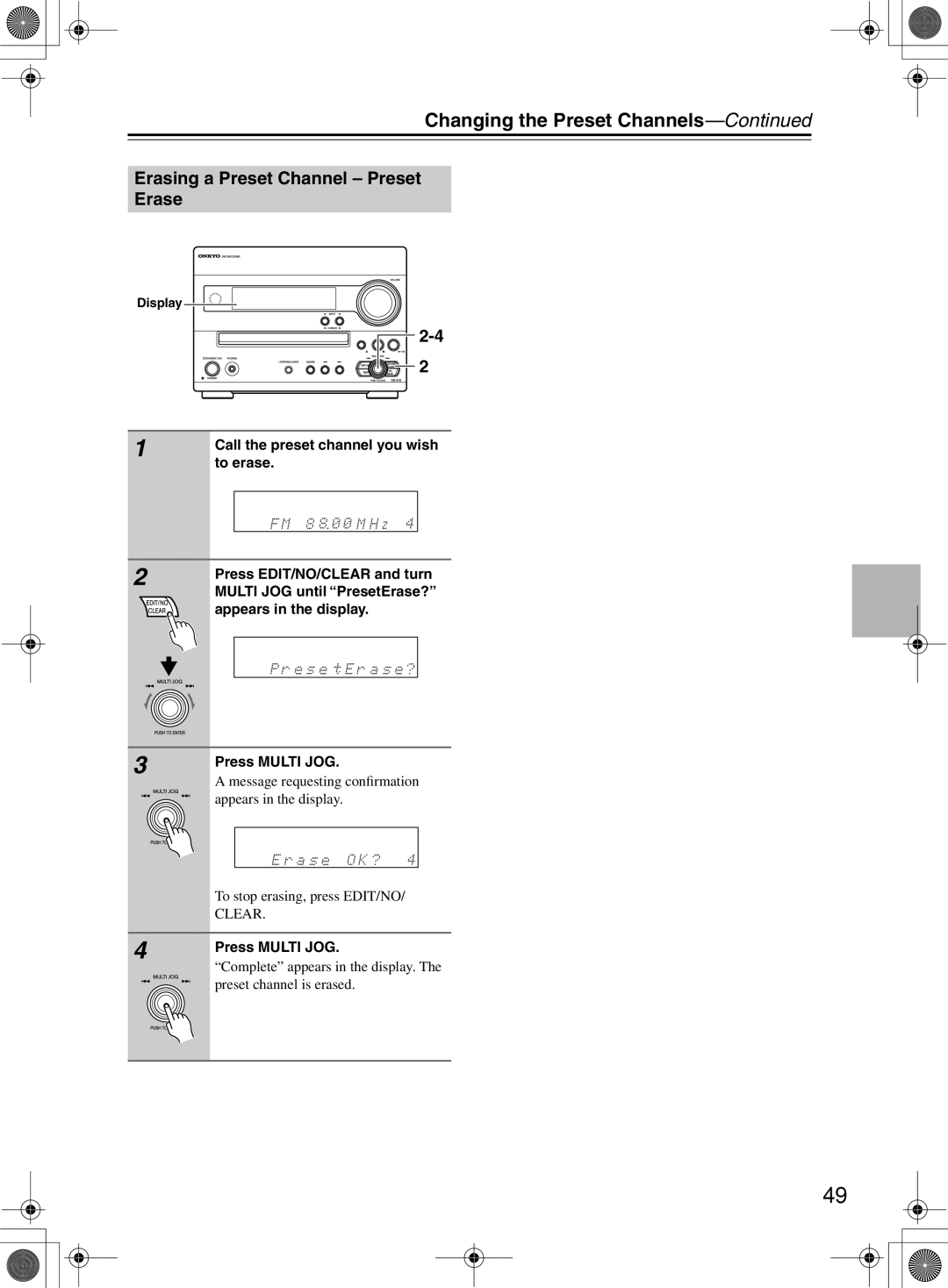 Onkyo DR-815 Changing the Preset Channels, Erasing a Preset Channel Preset Erase, To erase, Multi JOG until PresetErase? 