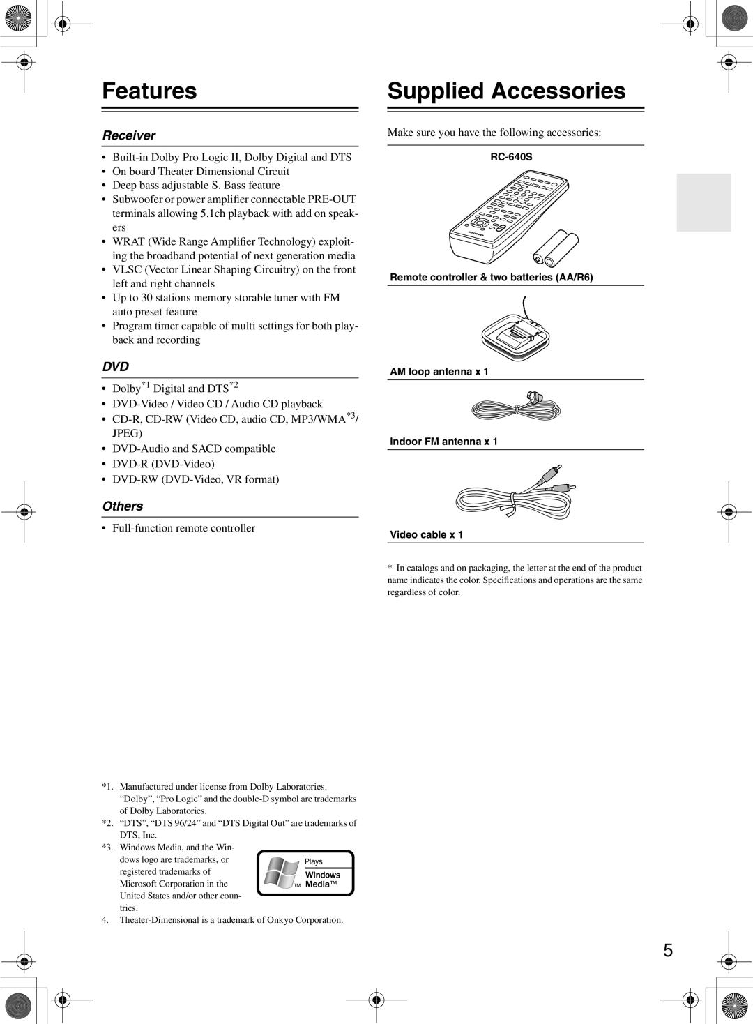 Onkyo DR-815 instruction manual Features Supplied Accessories, Receiver, Others 