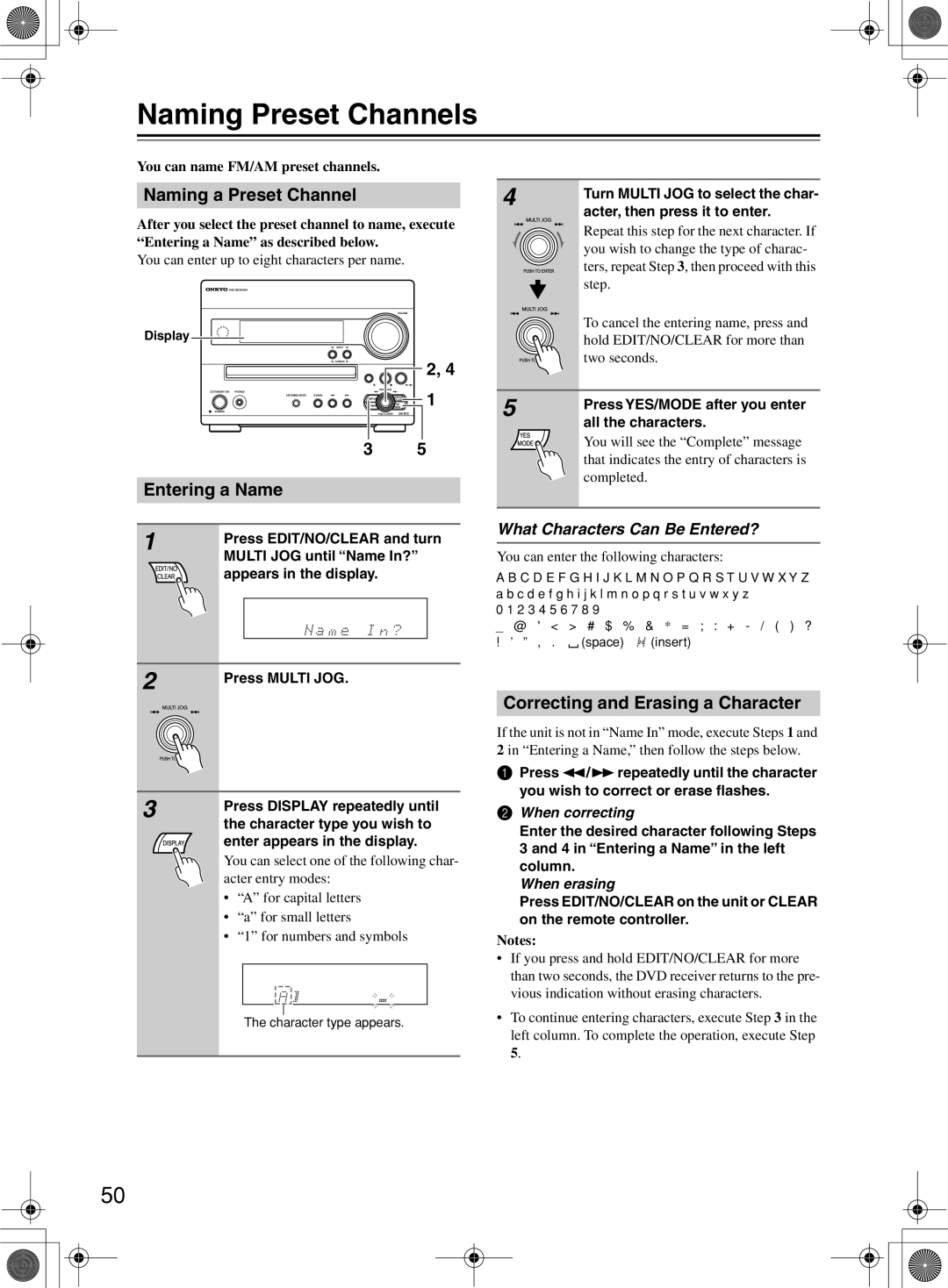 Onkyo DR-815 Naming Preset Channels, Naming a Preset Channel, Entering a Name, Correcting and Erasing a Character 