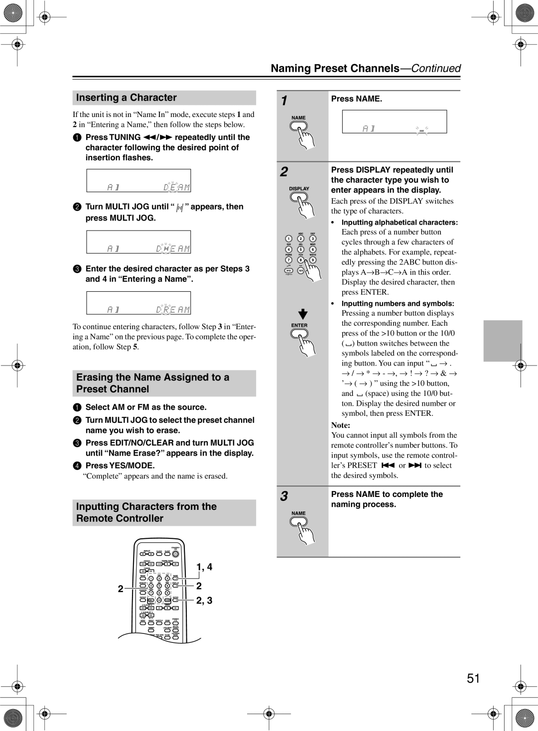 Onkyo DR-815 Naming Preset Channels, Inserting a Character, Erasing the Name Assigned to a Preset Channel 