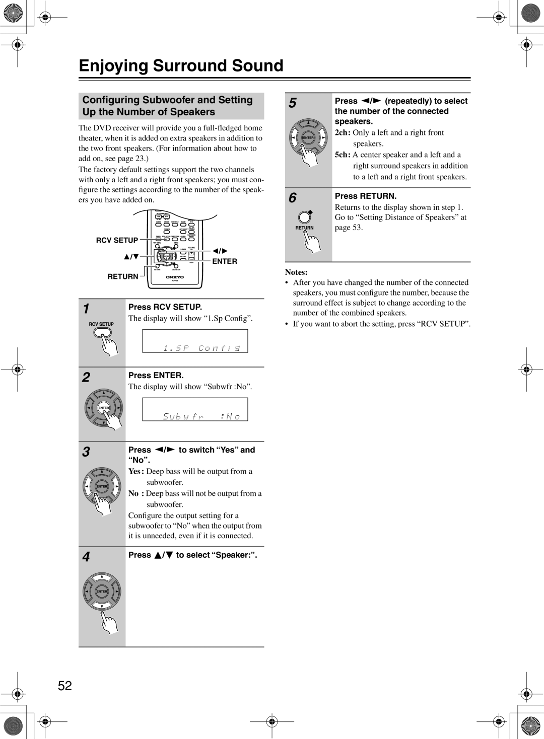 Onkyo DR-815 instruction manual Enjoying Surround Sound, Conﬁguring Subwoofer and Setting Up the Number of Speakers 