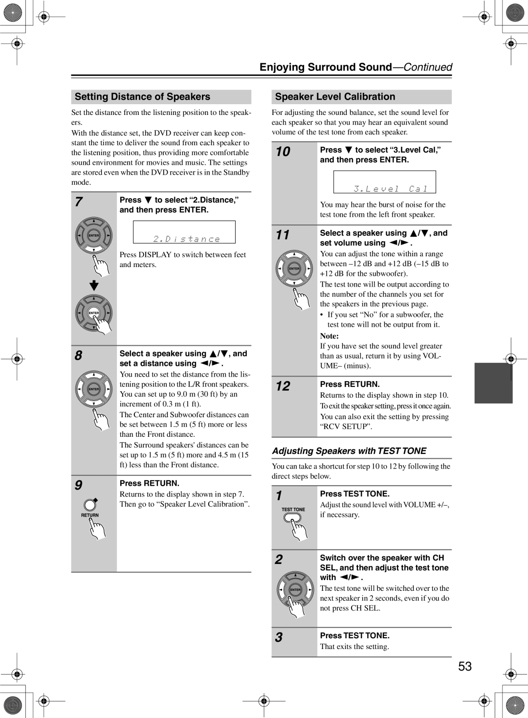 Onkyo DR-815 instruction manual Enjoying Surround Sound, Setting Distance of Speakers, Speaker Level Calibration 