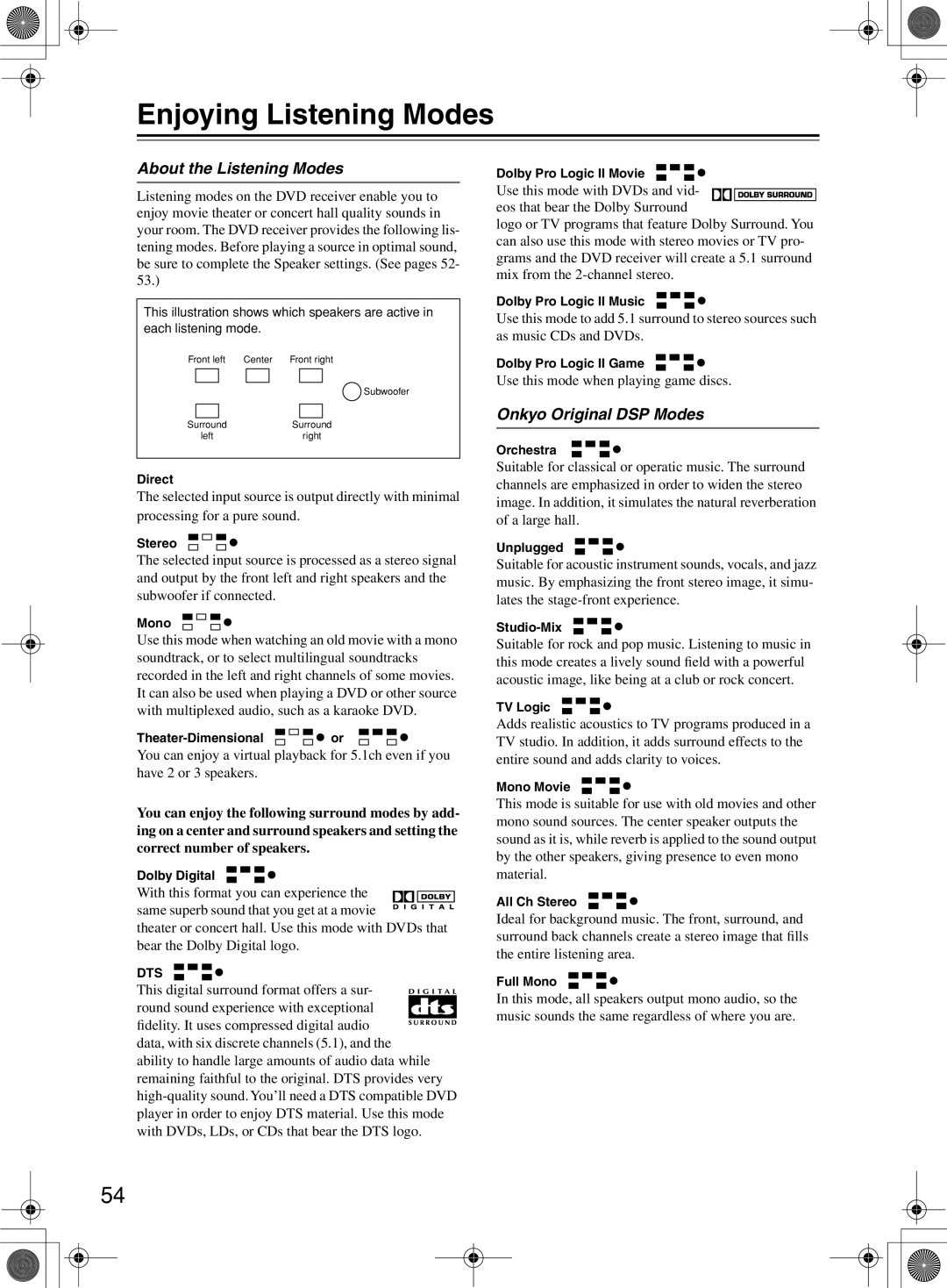 Onkyo DR-815 instruction manual Enjoying Listening Modes, About the Listening Modes, Onkyo Original DSP Modes 