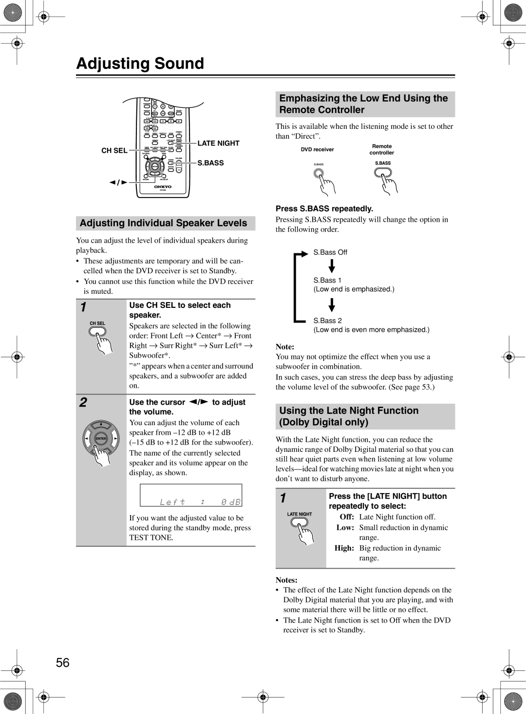 Onkyo DR-815 Adjusting Sound, Emphasizing the Low End Using Remote Controller, Adjusting Individual Speaker Levels 