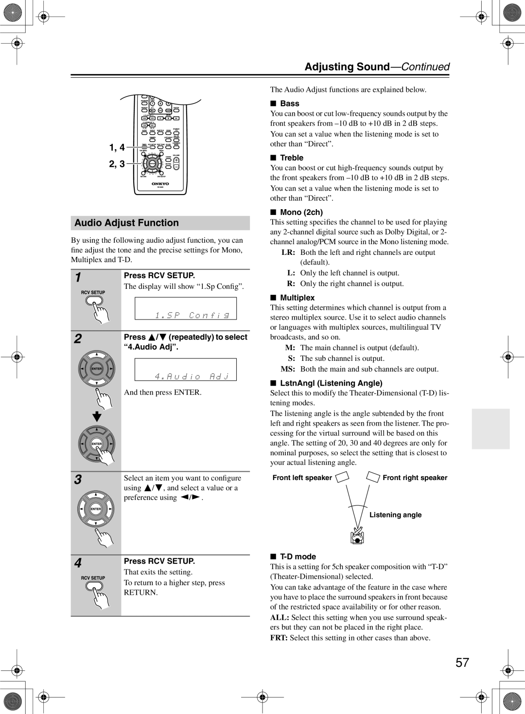 Onkyo DR-815 instruction manual Adjusting Sound, Audio Adjust Function 