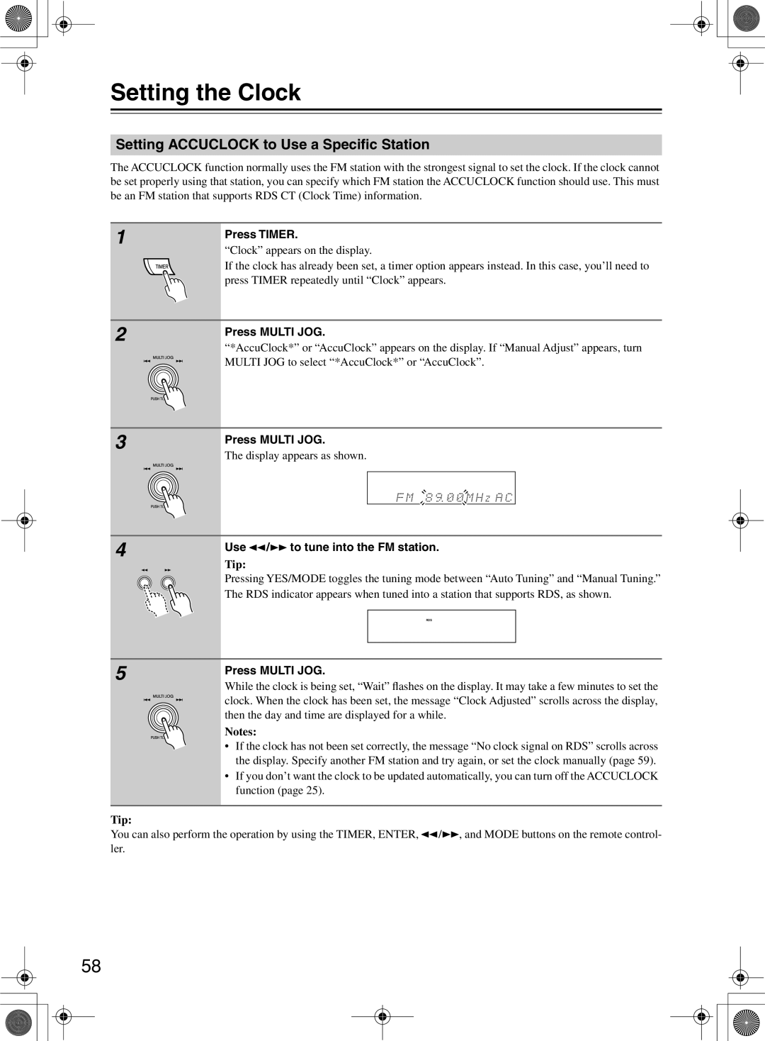 Onkyo DR-815 Setting the Clock, Setting Accuclock to Use a Speciﬁc Station, Press Timer, Use / to tune into the FM station 