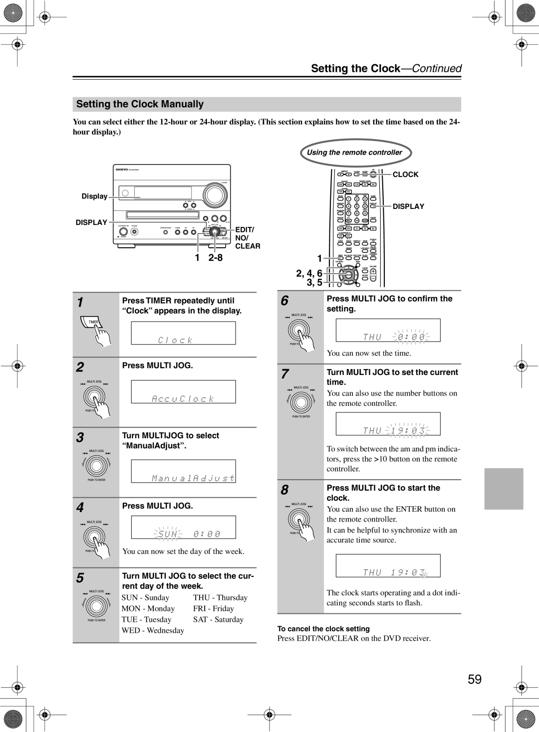 Onkyo DR-815 instruction manual Setting the Clock Manually 