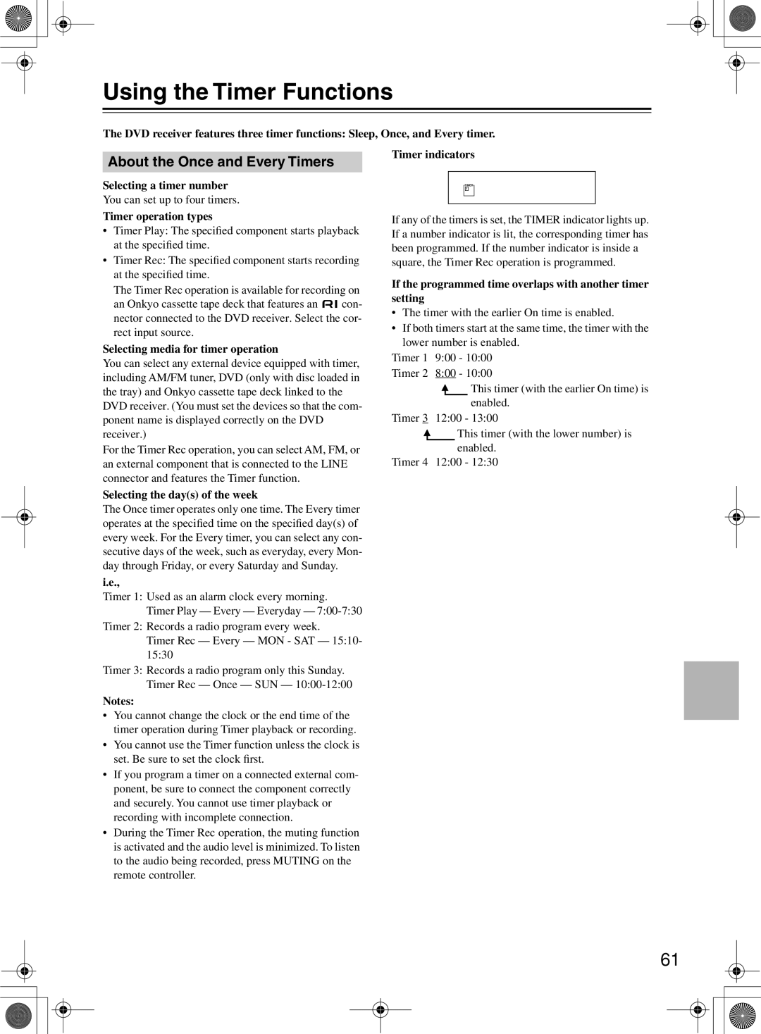 Onkyo DR-815 instruction manual Using the Timer Functions, About the Once and Every Timers 