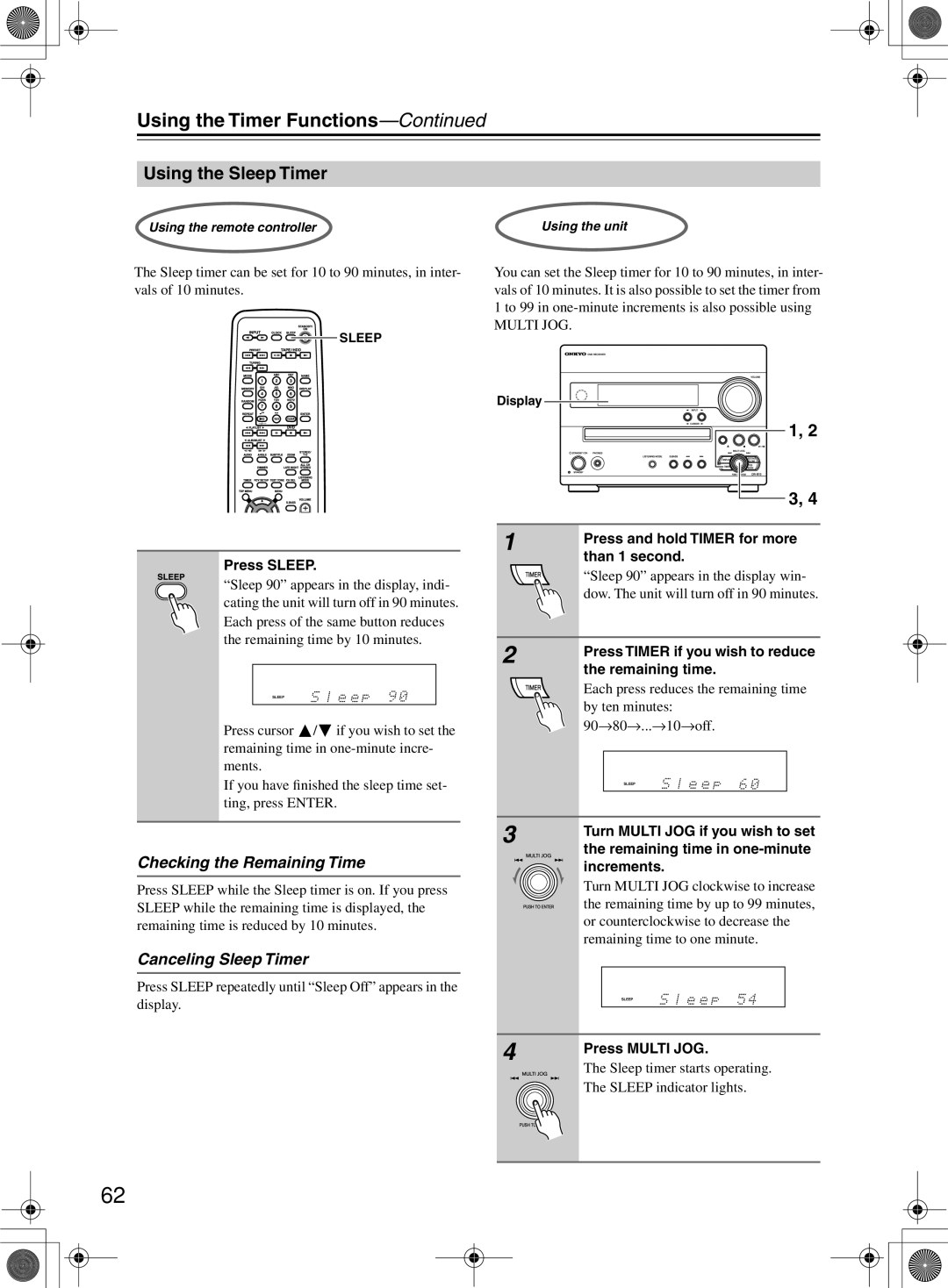 Onkyo DR-815 Using the Timer Functions, Using the Sleep Timer, Checking the Remaining Time, Canceling Sleep Timer 