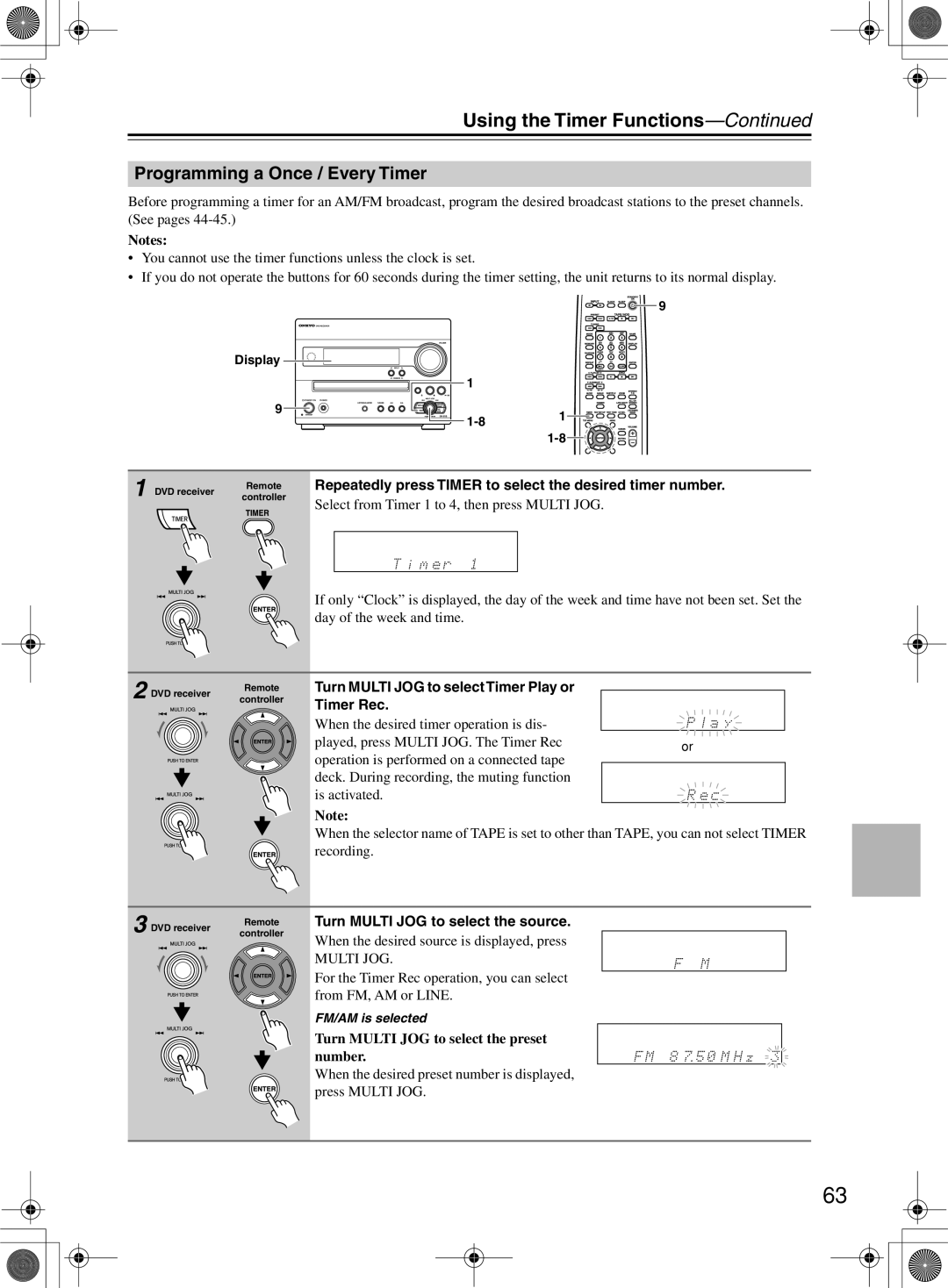 Onkyo DR-815 instruction manual Programming a Once / Every Timer, Repeatedly press Timer to select the desired timer number 