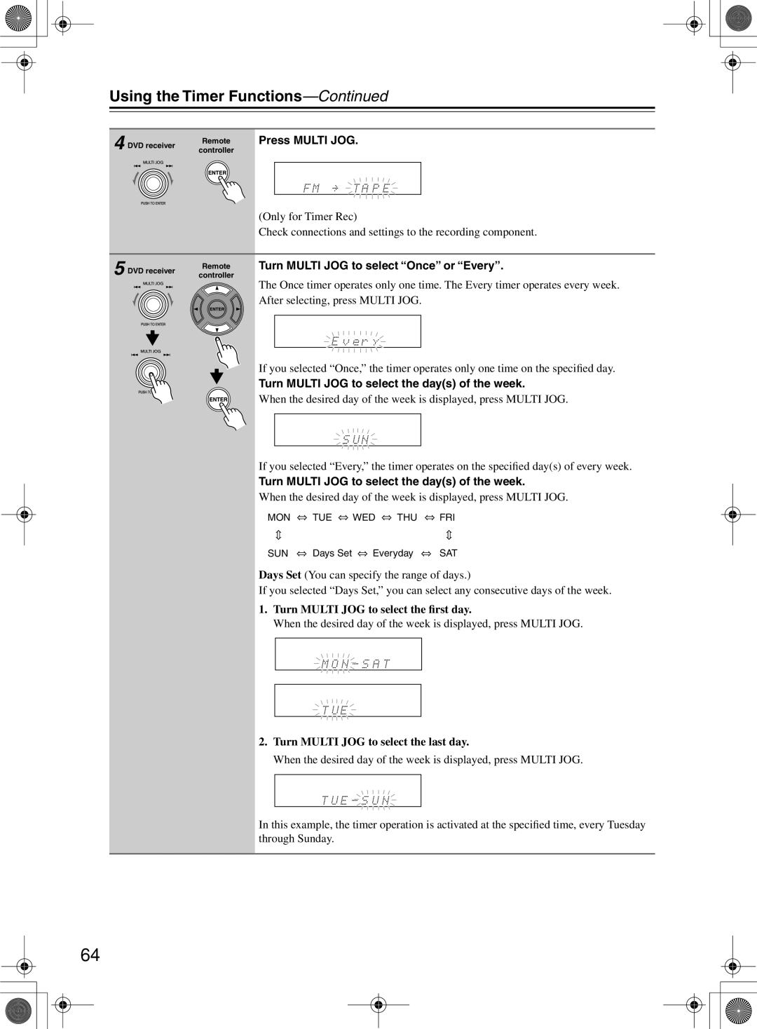 Onkyo DR-815 instruction manual Turn Multi JOG to select Once or Every, Turn Multi JOG to select the days of the week 