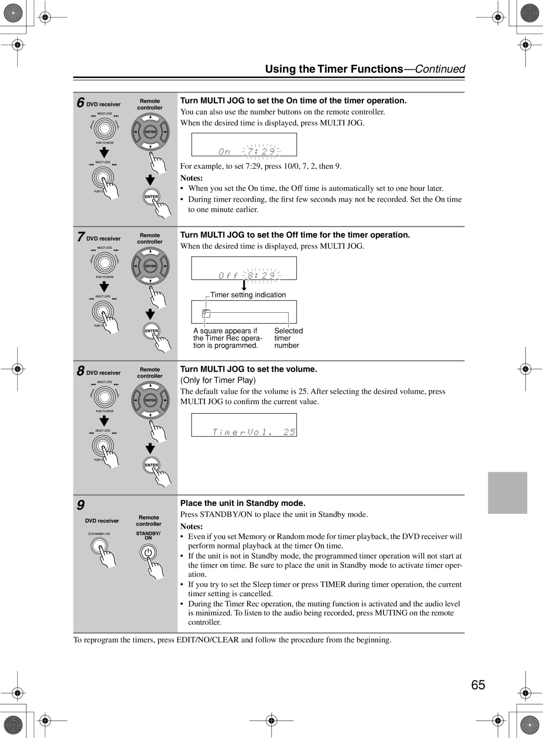 Onkyo DR-815 instruction manual Turn Multi JOG to set the On time of the timer operation, Turn Multi JOG to set the volume 