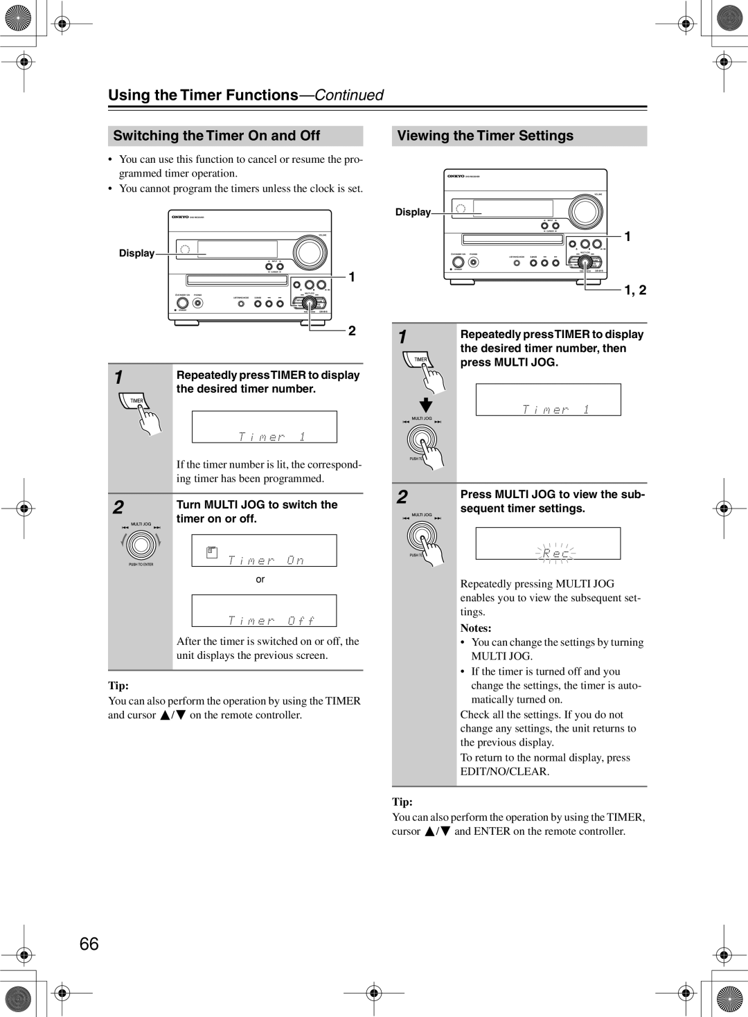 Onkyo DR-815 instruction manual Switching the Timer On and Off Viewing the Timer Settings 