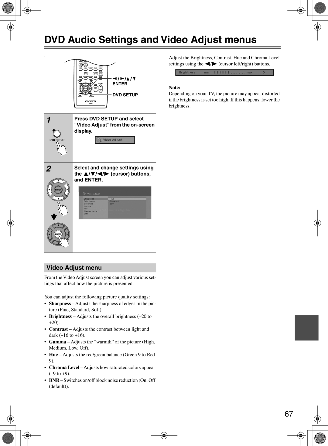 Onkyo DR-815 DVD Audio Settings and Video Adjust menus, Select and change settings using, cursor buttons, Enter 