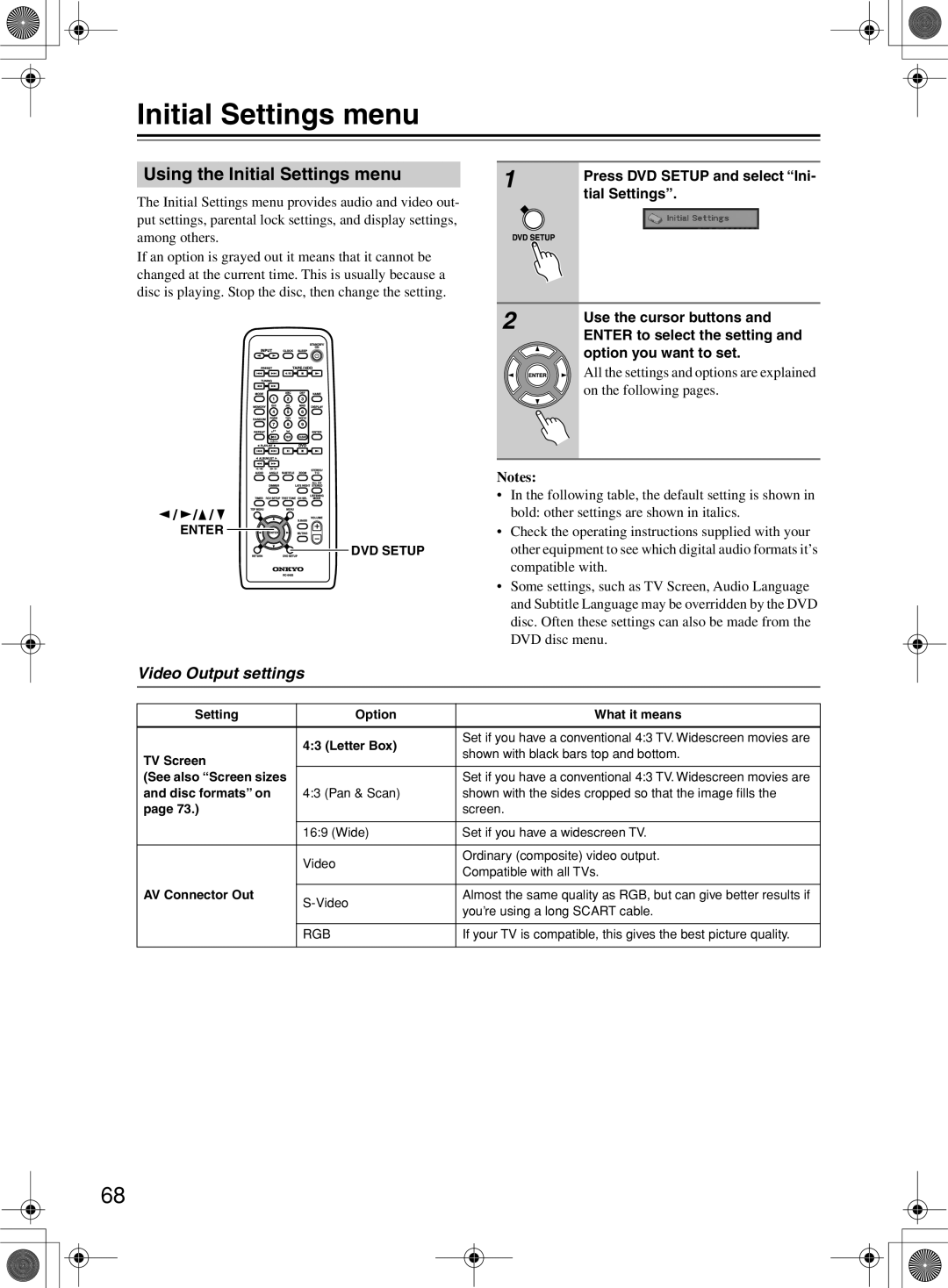 Onkyo DR-815 instruction manual Using the Initial Settings menu, Video Output settings 