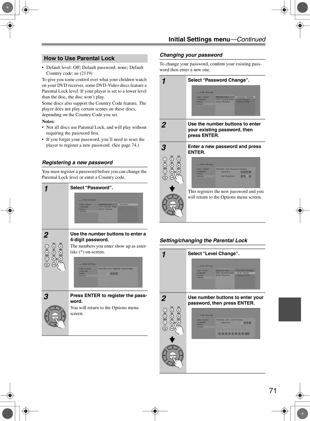 Onkyo DR-815 instruction manual How to Use Parental Lock, Registering a new password, Changing your password 