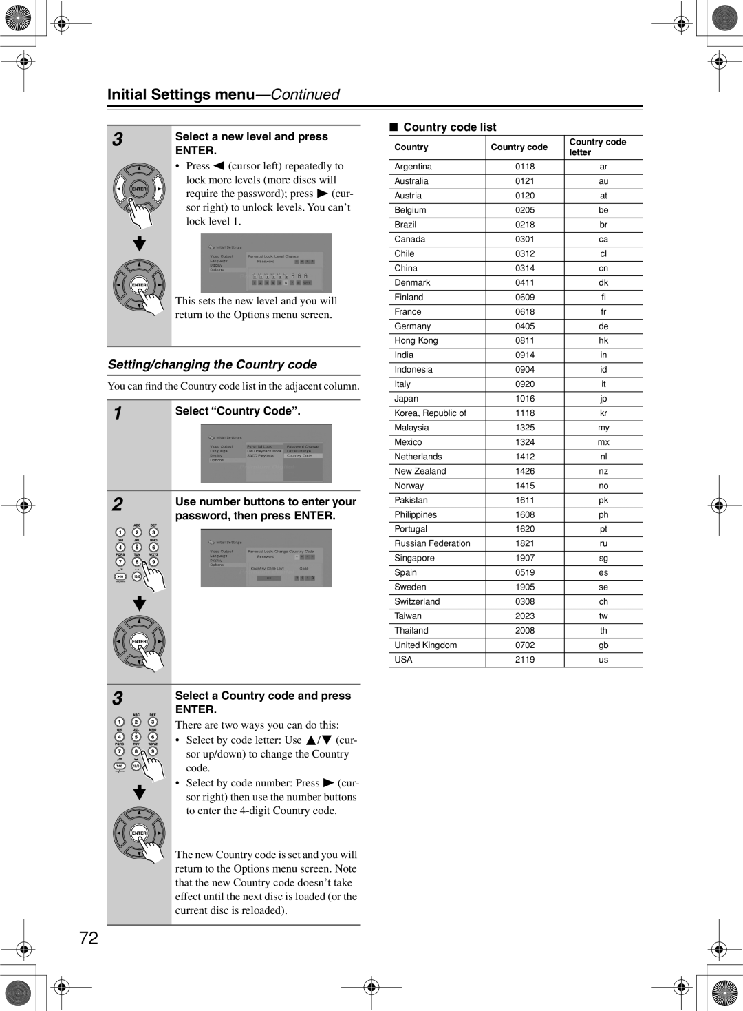 Onkyo DR-815 Setting/changing the Country code, Select a new level and press, Select Country Code, Country code list 