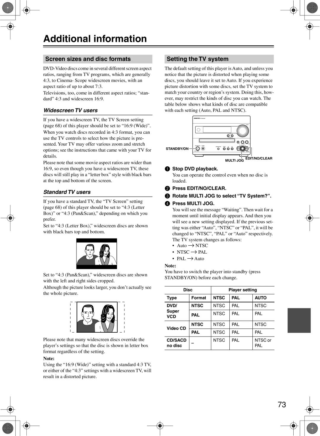 Onkyo DR-815 Additional information, Screen sizes and disc formats, Setting the TV system, Widescreen TV users 