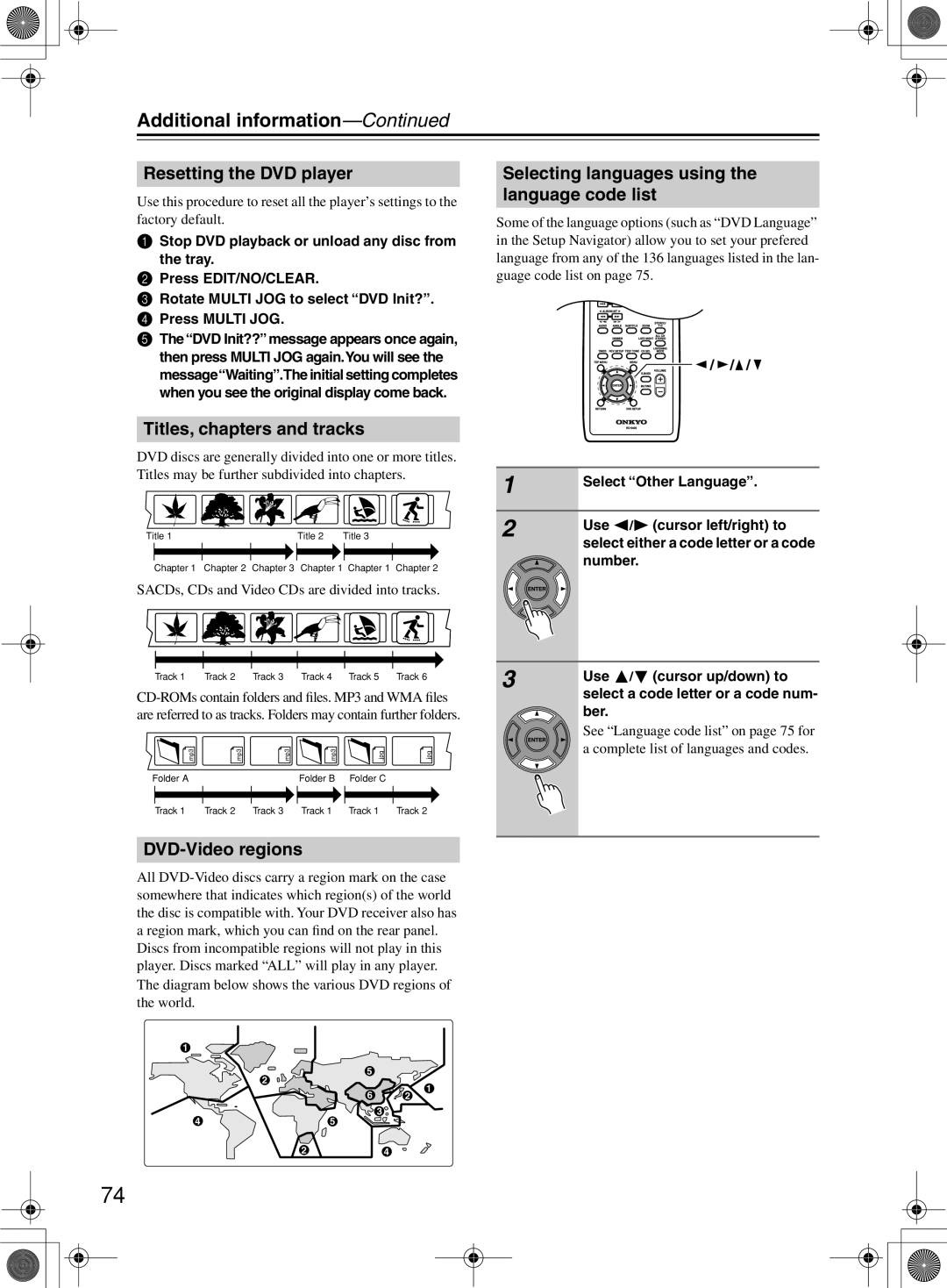 Onkyo DR-815 Additional information, Resetting the DVD player, Selecting languages using the language code list 