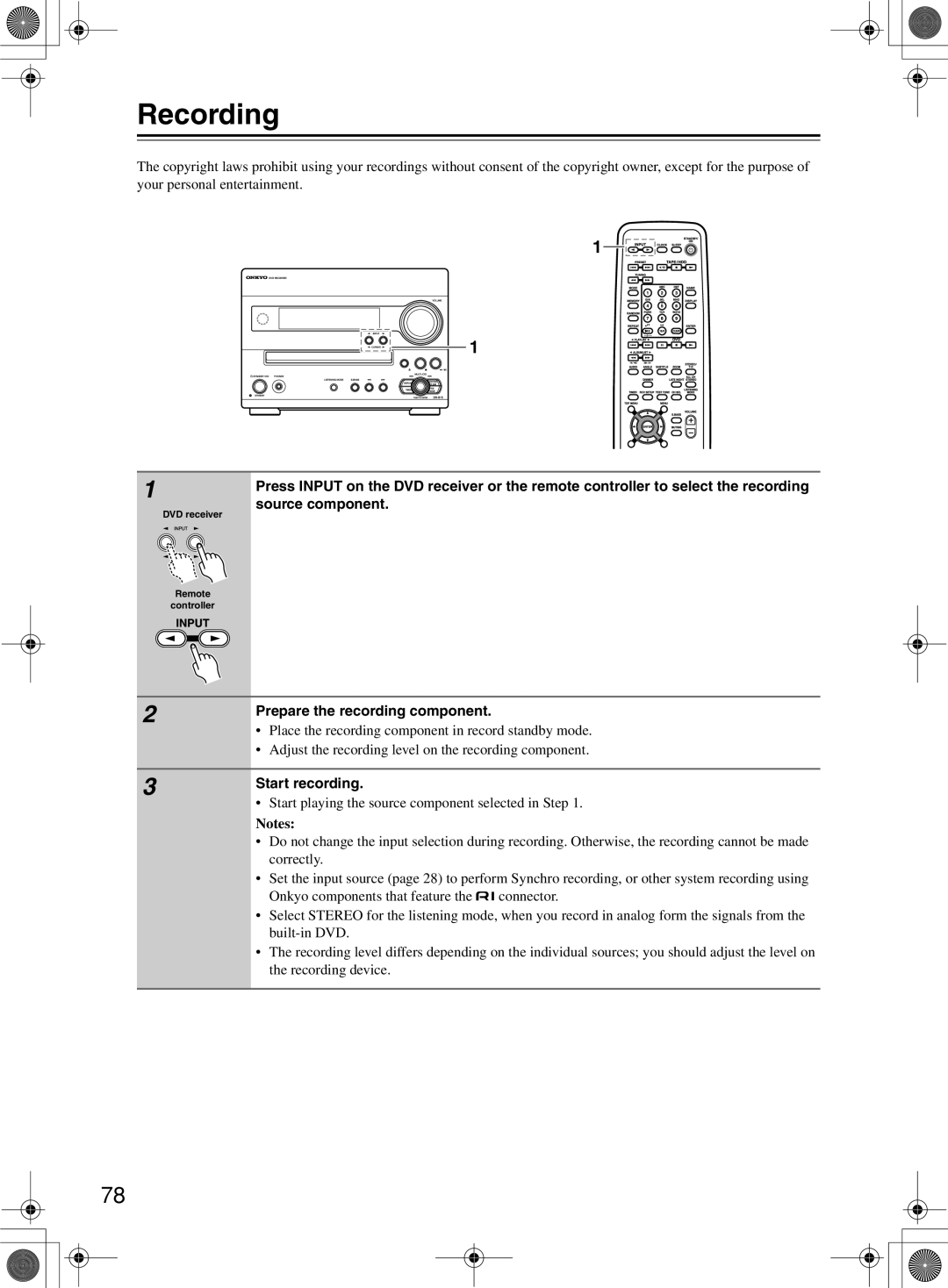 Onkyo DR-815 instruction manual Recording, Source component, Prepare the recording component, Start recording 