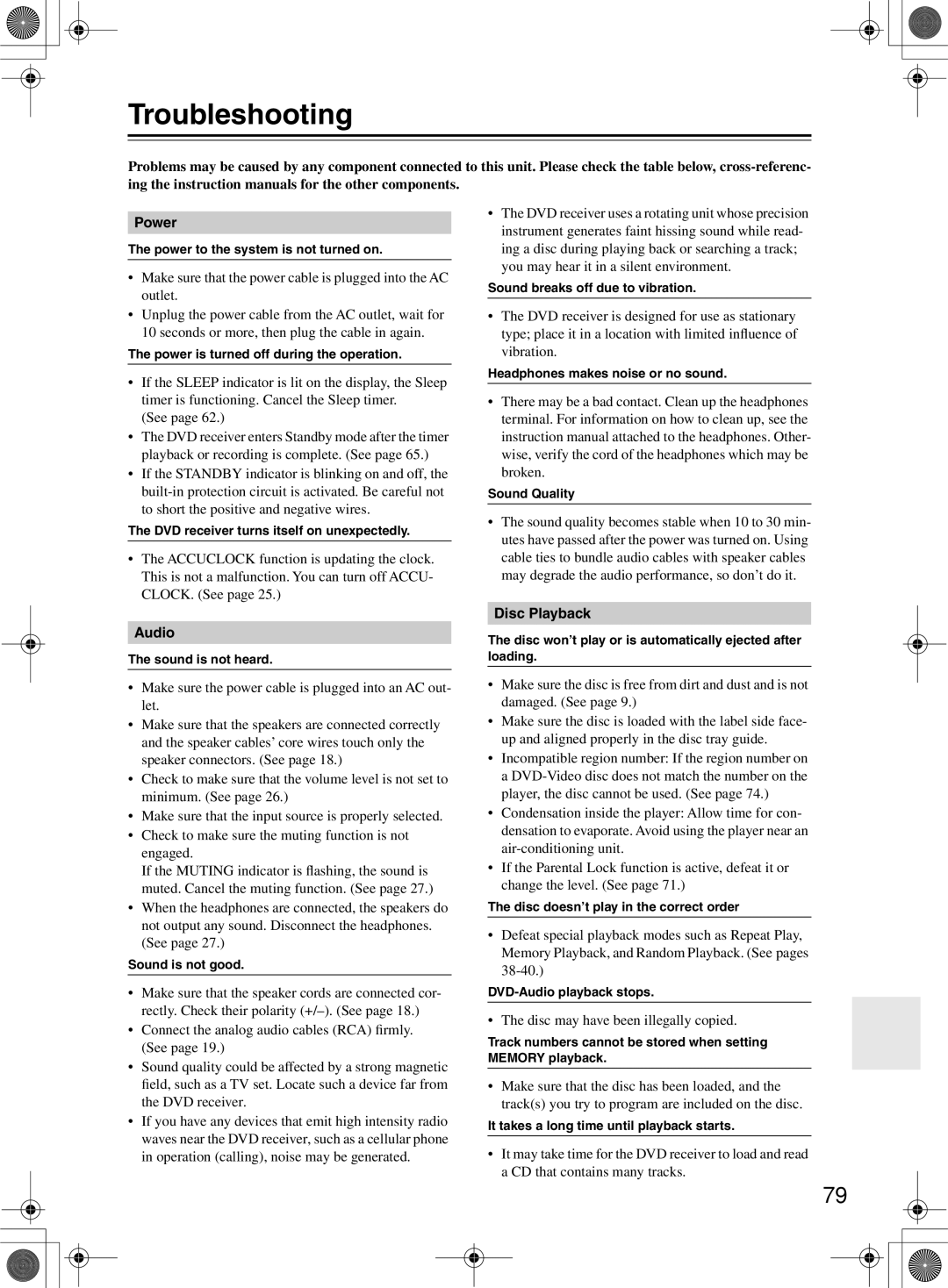 Onkyo DR-815 instruction manual Troubleshooting, Power, Audio, Disc Playback 