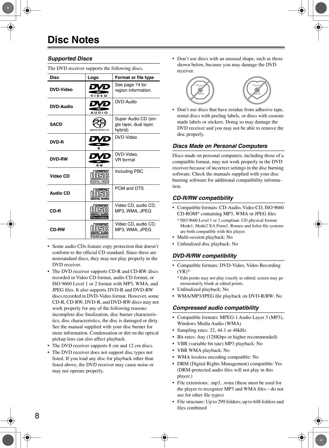 Onkyo DR-815 instruction manual Disc Notes 