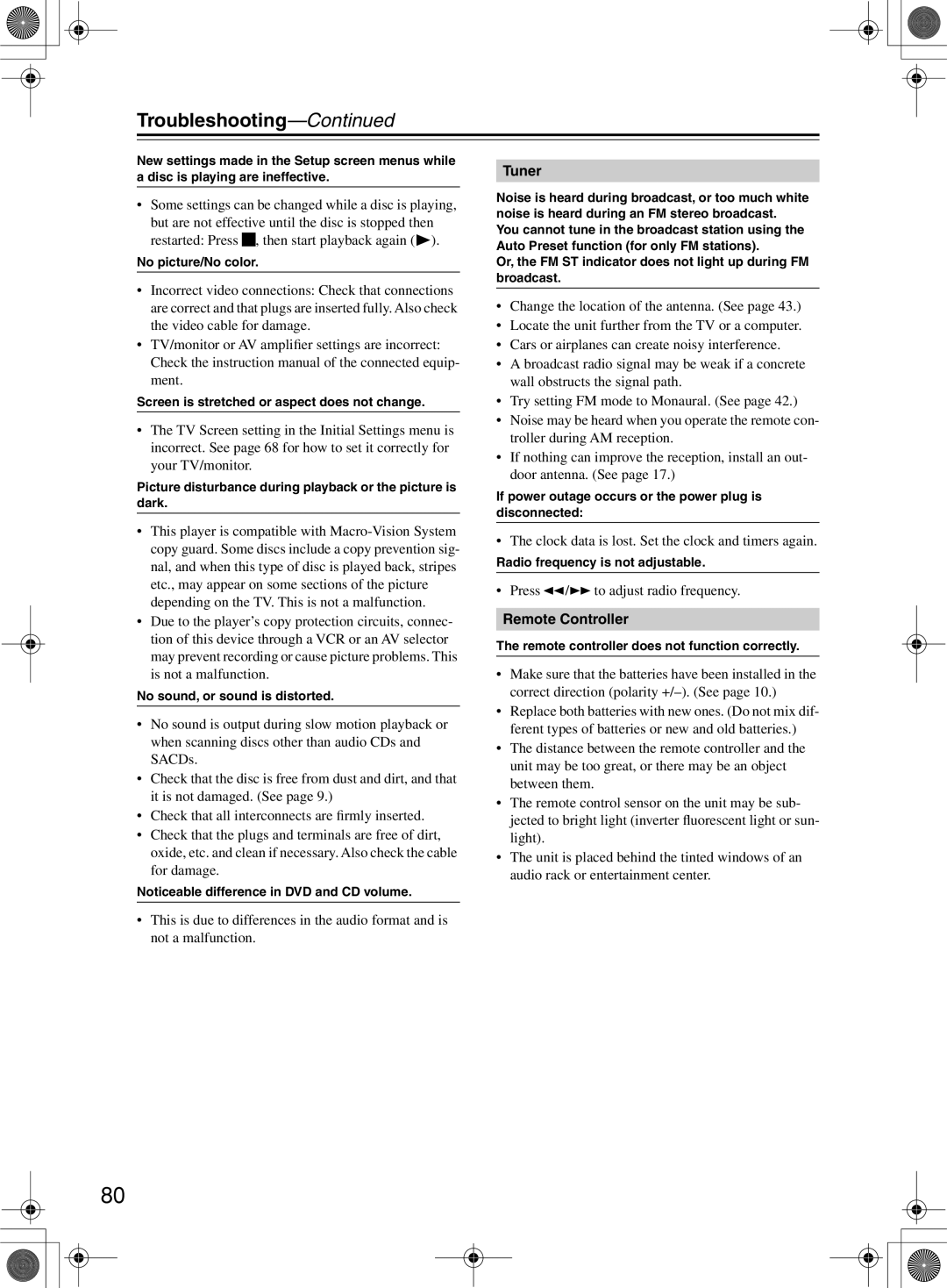 Onkyo DR-815 instruction manual Troubleshooting, Tuner, Remote Controller 