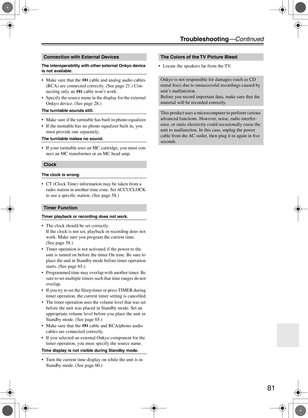 Onkyo DR-815 instruction manual Connection with External Devices, Timer Function, Colors of the TV Picture Bleed 