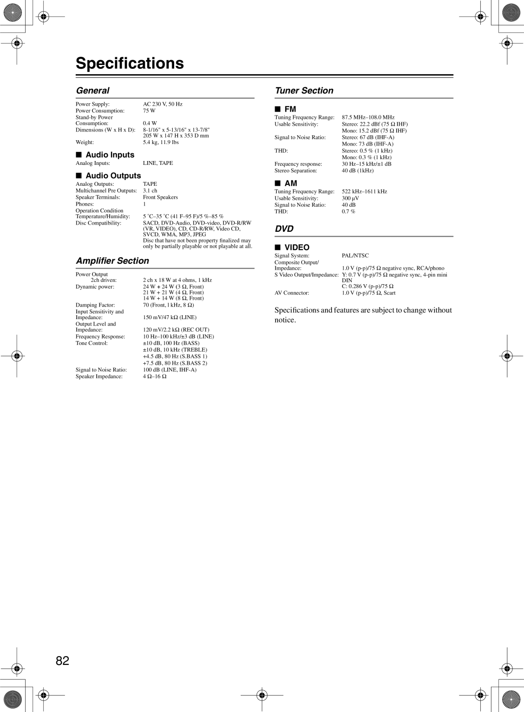 Onkyo DR-815 instruction manual Speciﬁcations, General, Ampliﬁer Section, Tuner Section 