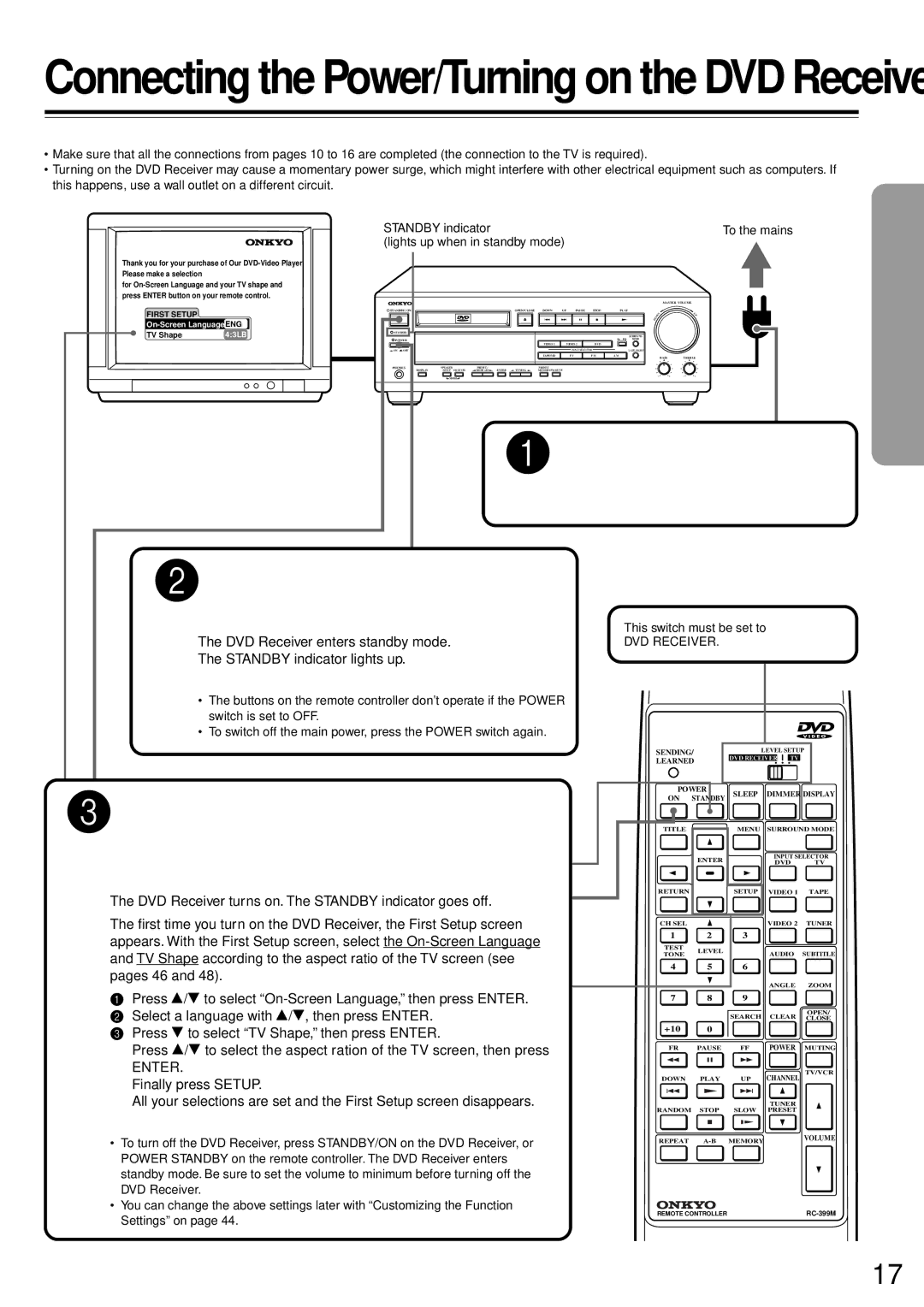 Onkyo DR-90 DVD Receiver turns on. The Standby indicator goes off, Pages 46, Press To select TV Shape, then press Enter 