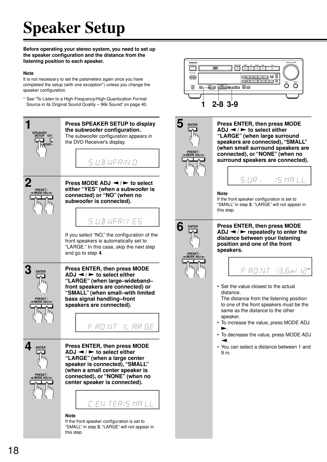 Onkyo DR-90 instruction manual Speaker Setup 