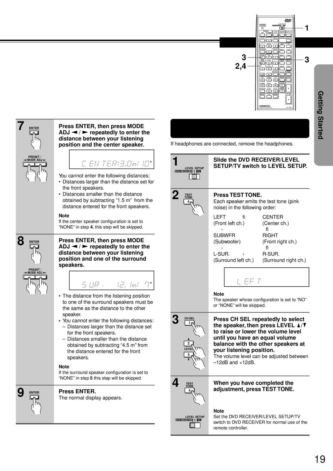 Onkyo DR-90 instruction manual Adjusting Each Speakers Relative Volume Balance Test Tone 