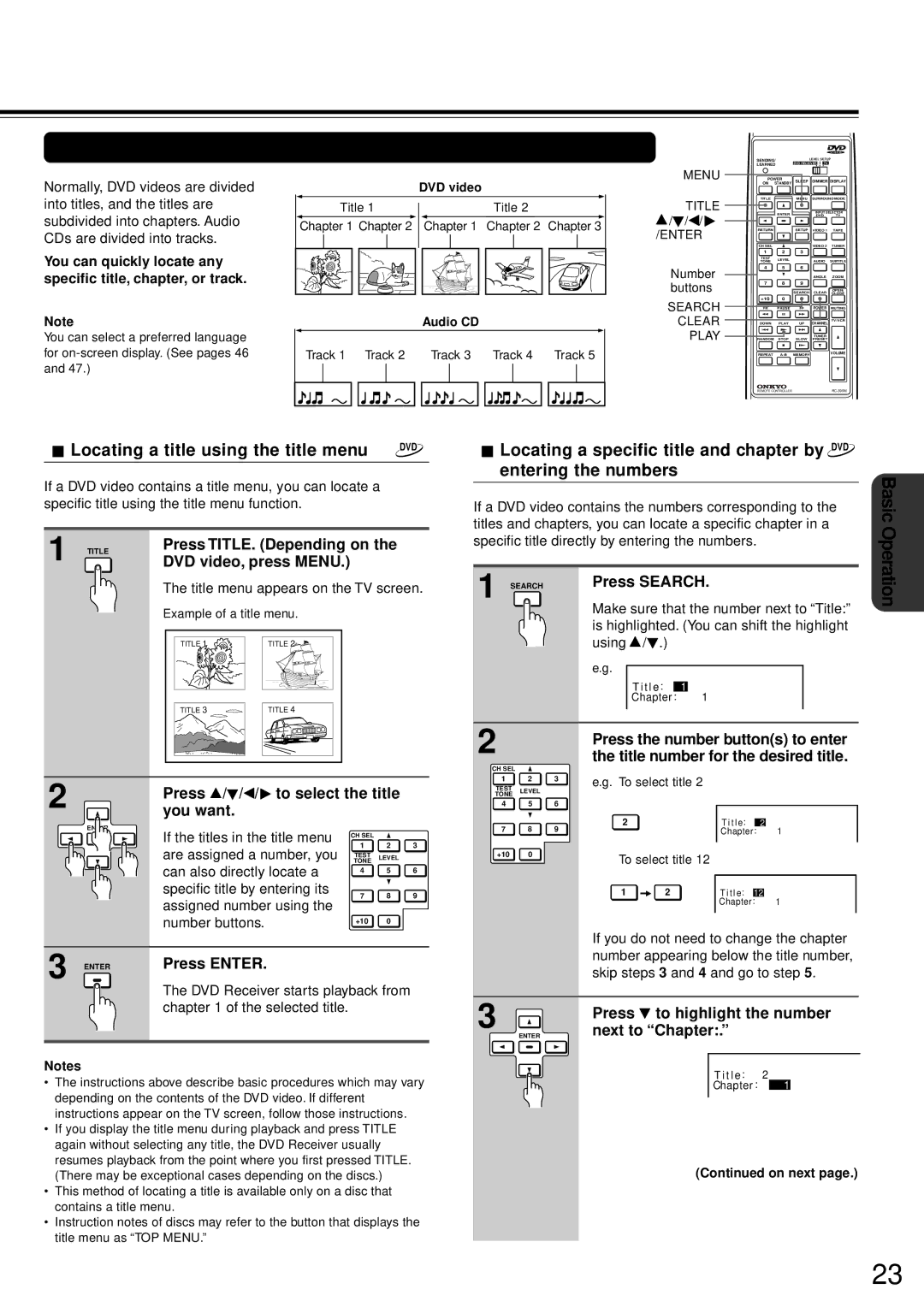 Onkyo DR-90 instruction manual Locating a Specific Title/Chapter/Track/Location, Locating a title using the title menu 