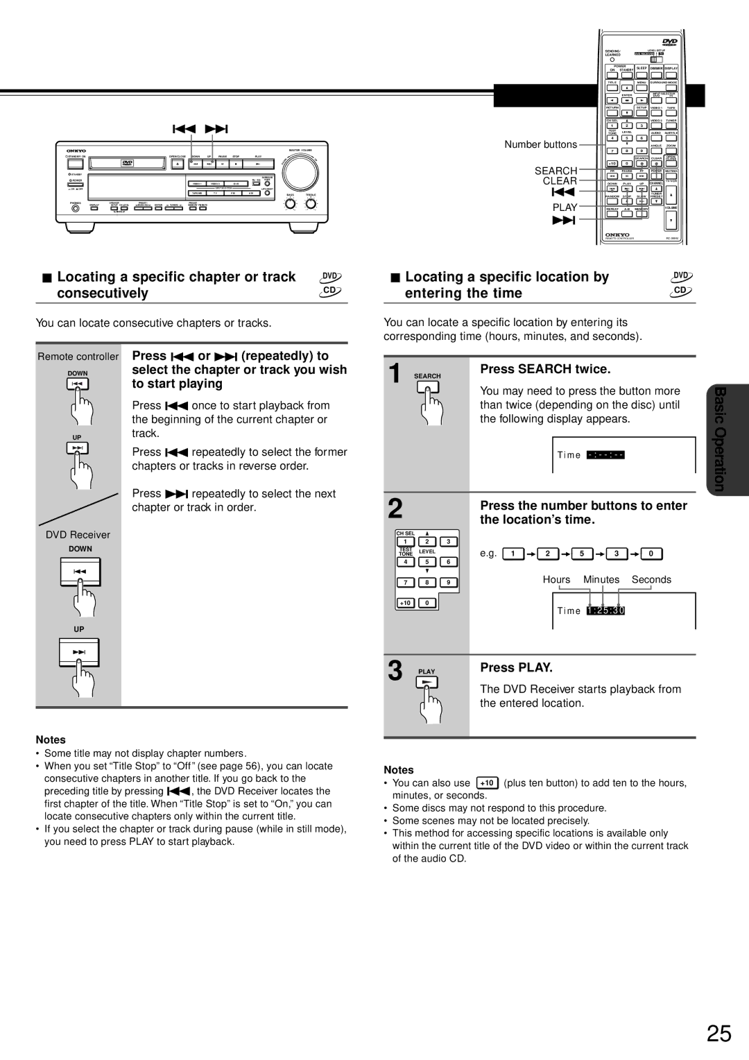 Onkyo DR-90 Locating a specific chapter or track, Consecutively, Locating a specific location by, Entering the time 