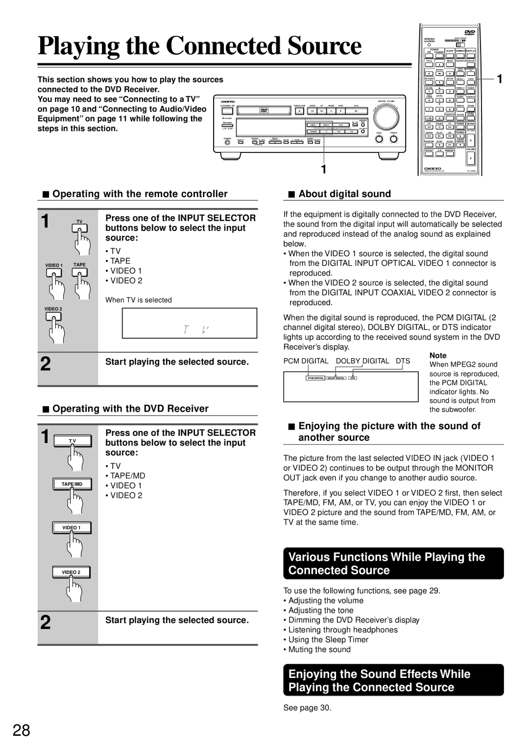 Onkyo DR-90 instruction manual Various Functions While Playing the Connected Source, Operating with the DVD Receiver 