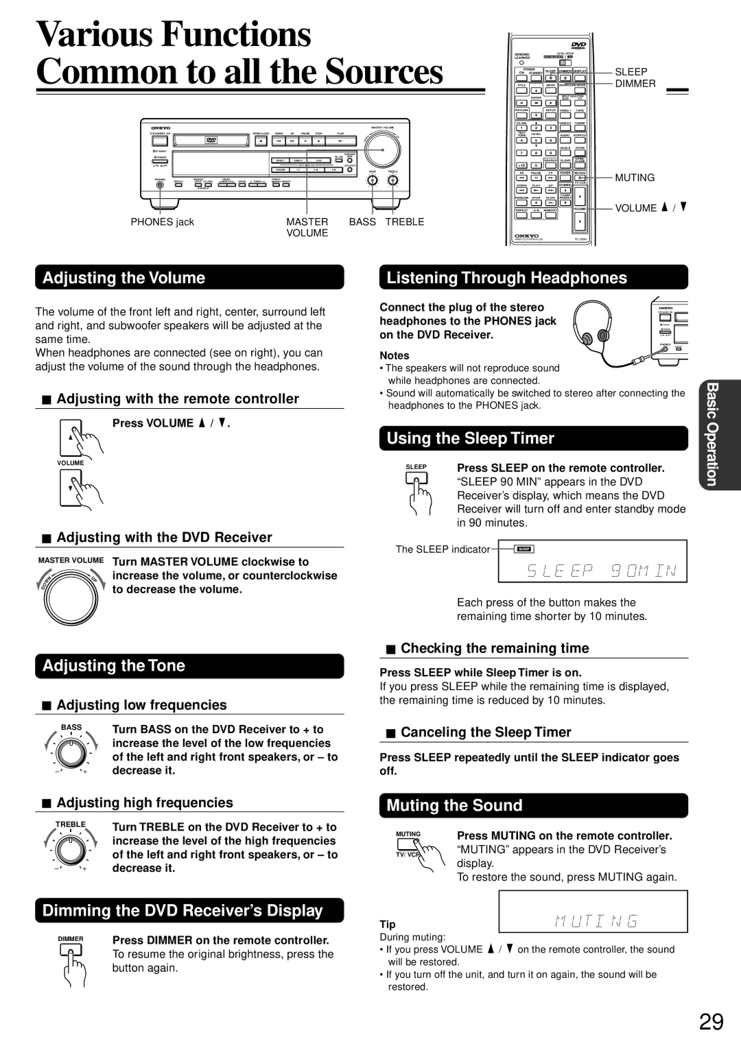 Onkyo DR-90 Adjusting the Volume, Listening Through Headphones, Using the Sleep Timer, Adjusting the Tone 