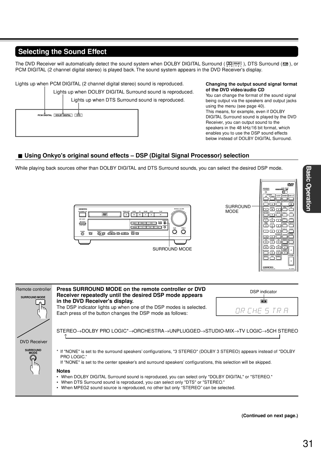 Onkyo DR-90 Selecting the Sound Effect, Press Surround Mode on the remote controller or DVD, DSP indicator 