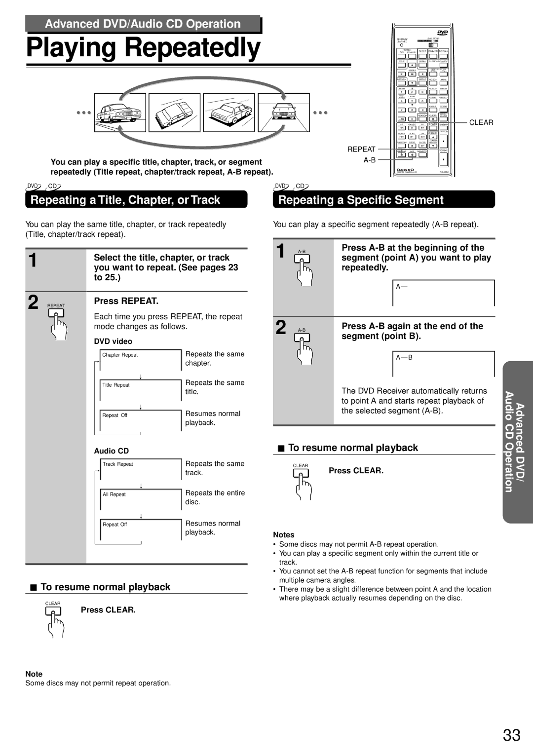 Onkyo DR-90 instruction manual Playing Repeatedly, Advanced DVD/Audio CD Operation, Repeating a Title, Chapter, or Track 