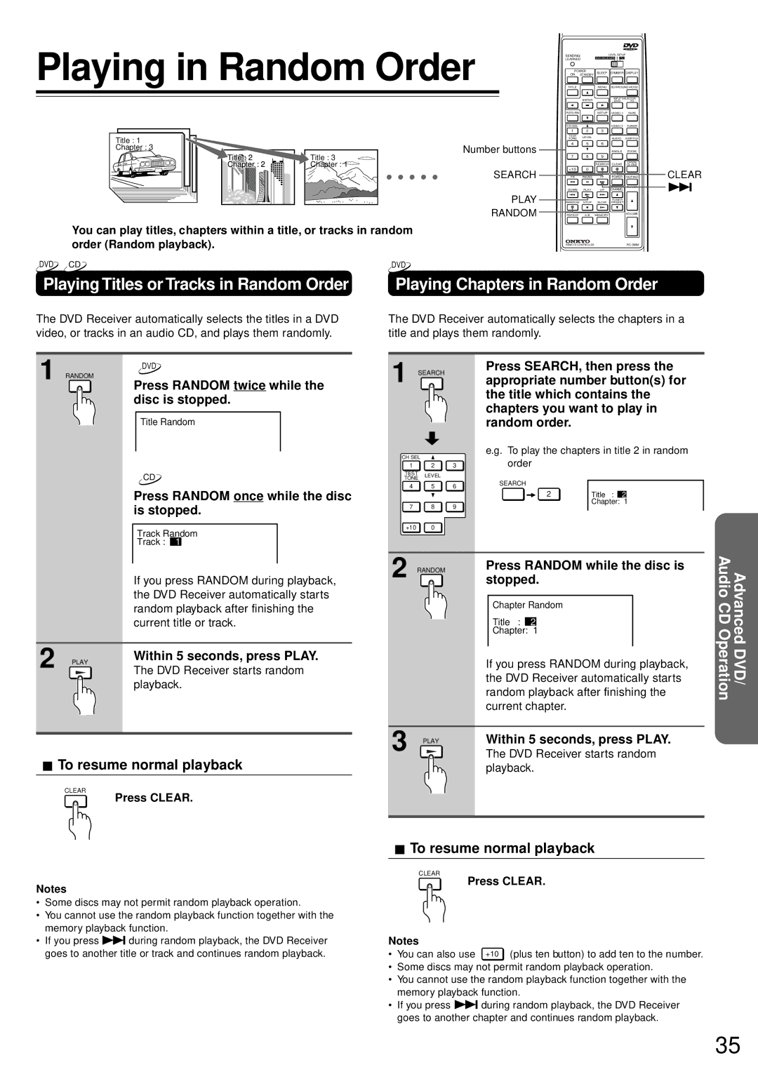 Onkyo DR-90 Playing in Random Order, Playing Titles or Tracks in Random Order, Playing Chapters in Random Order 