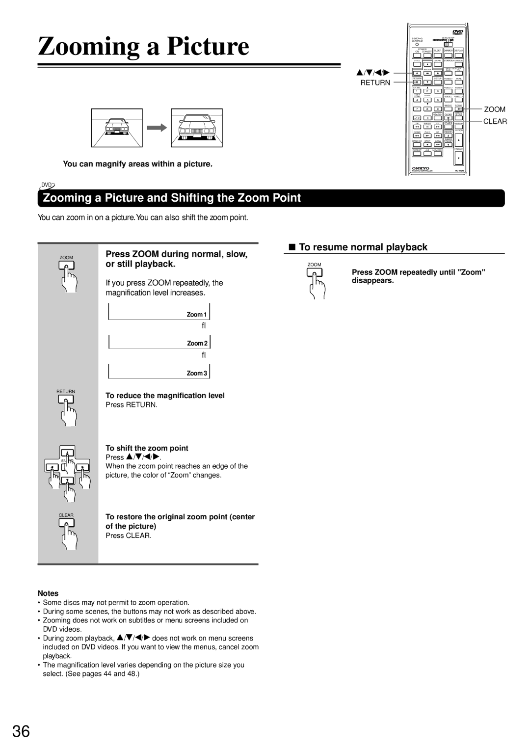 Onkyo DR-90 Zooming a Picture and Shifting the Zoom Point, Press Zoom during normal, slow, Or still playback 