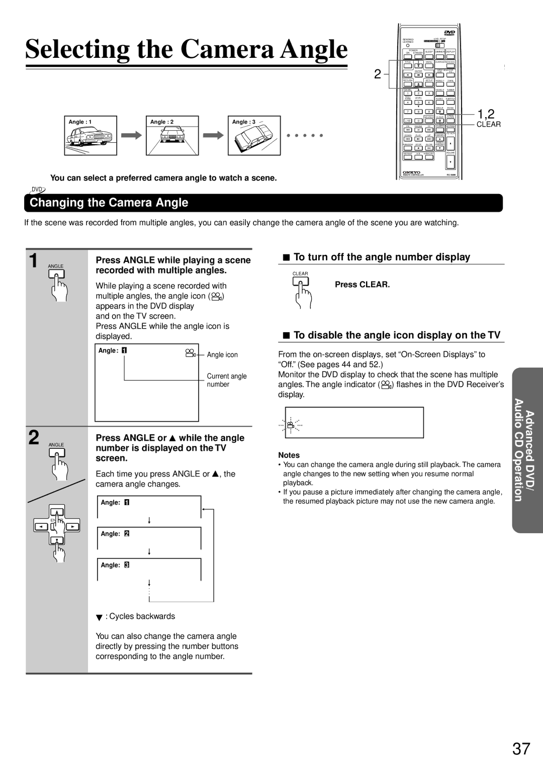 Onkyo DR-90 instruction manual Selecting the Camera Angle, Changing the Camera Angle, To turn off the angle number display 