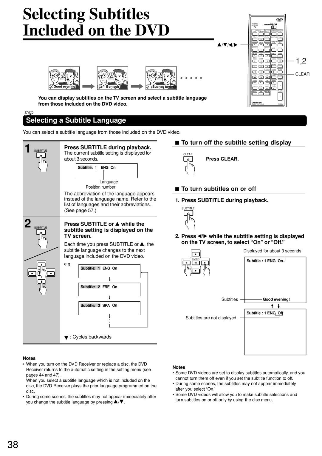 Onkyo DR-90 Selecting Subtitles Included on the DVD, Selecting a Subtitle Language, To turn subtitles on or off 