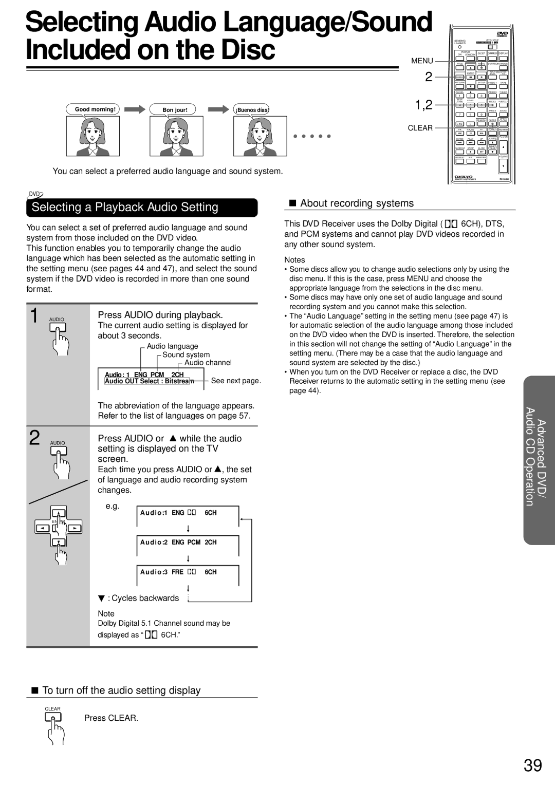 Onkyo DR-90 Selecting a Playback Audio Setting, About recording systems, To turn off the audio setting display 