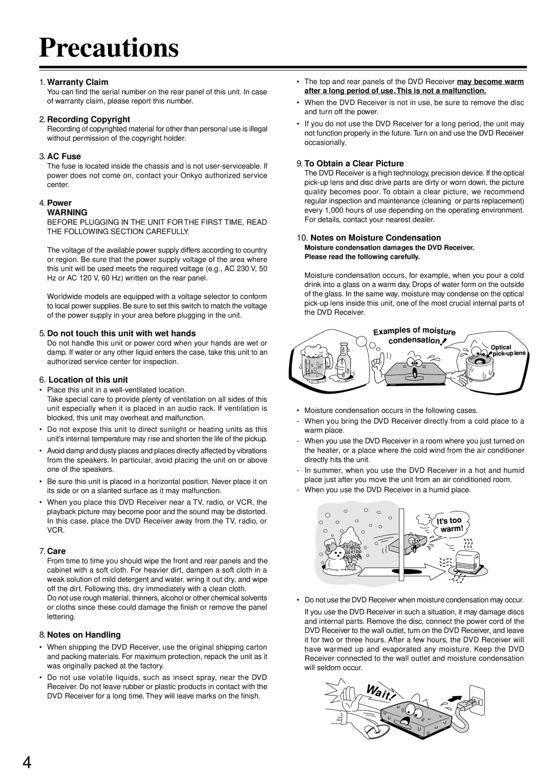 Onkyo DR-90 Warranty Claim, Recording Copyright, AC Fuse, Power, Do not touch this unit with wet hands, Care, Oist, Ens ti 