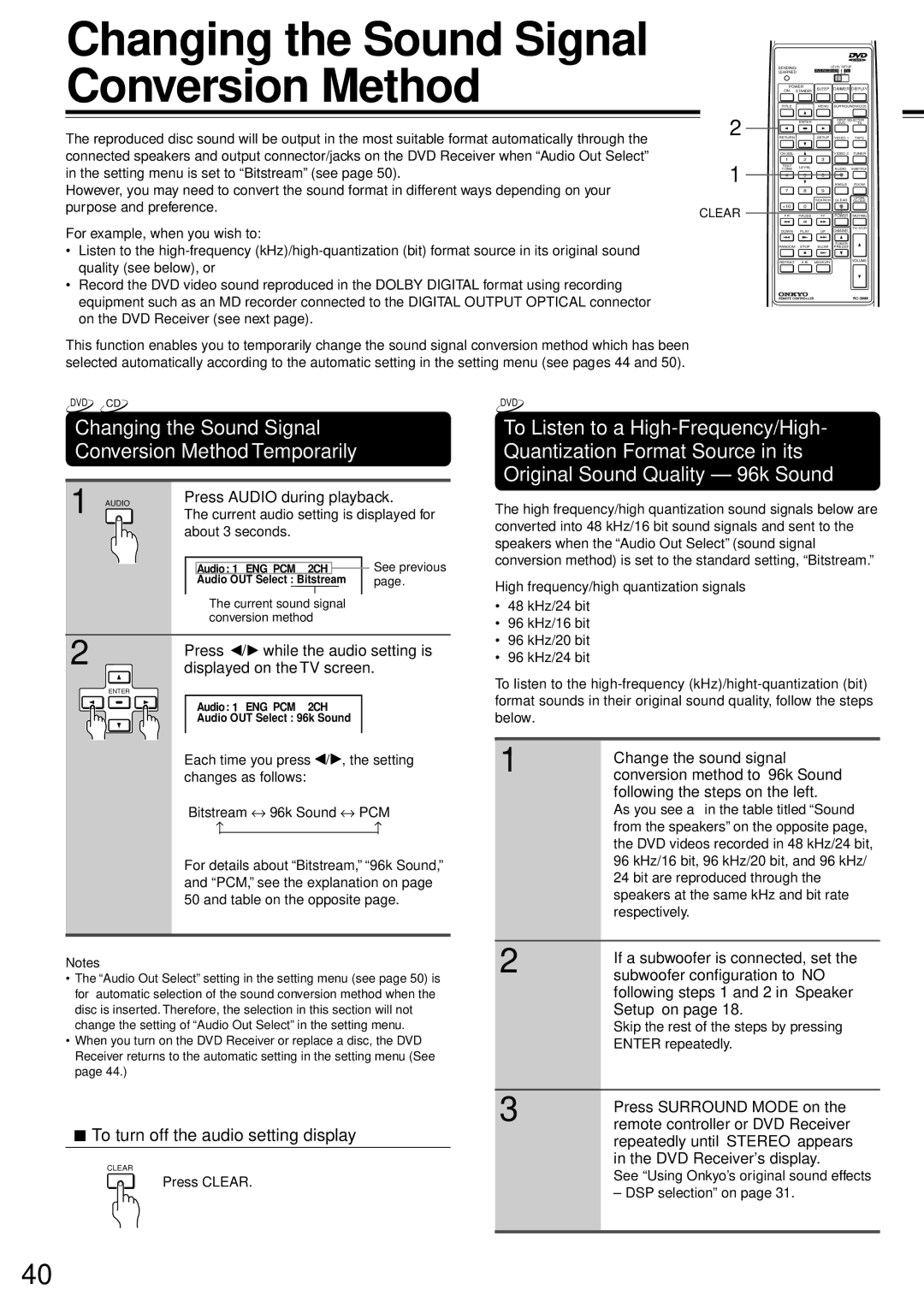 Onkyo DR-90 instruction manual Changing the Sound Signal Conversion Method Temporarily 