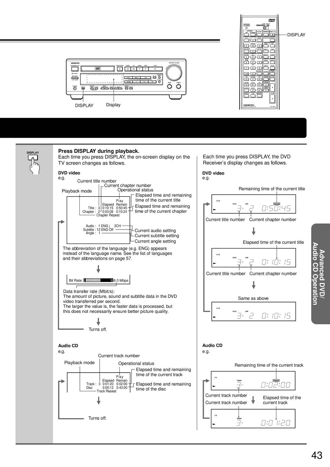 Onkyo DR-90 instruction manual Press Display during playback, DVD video e.g 