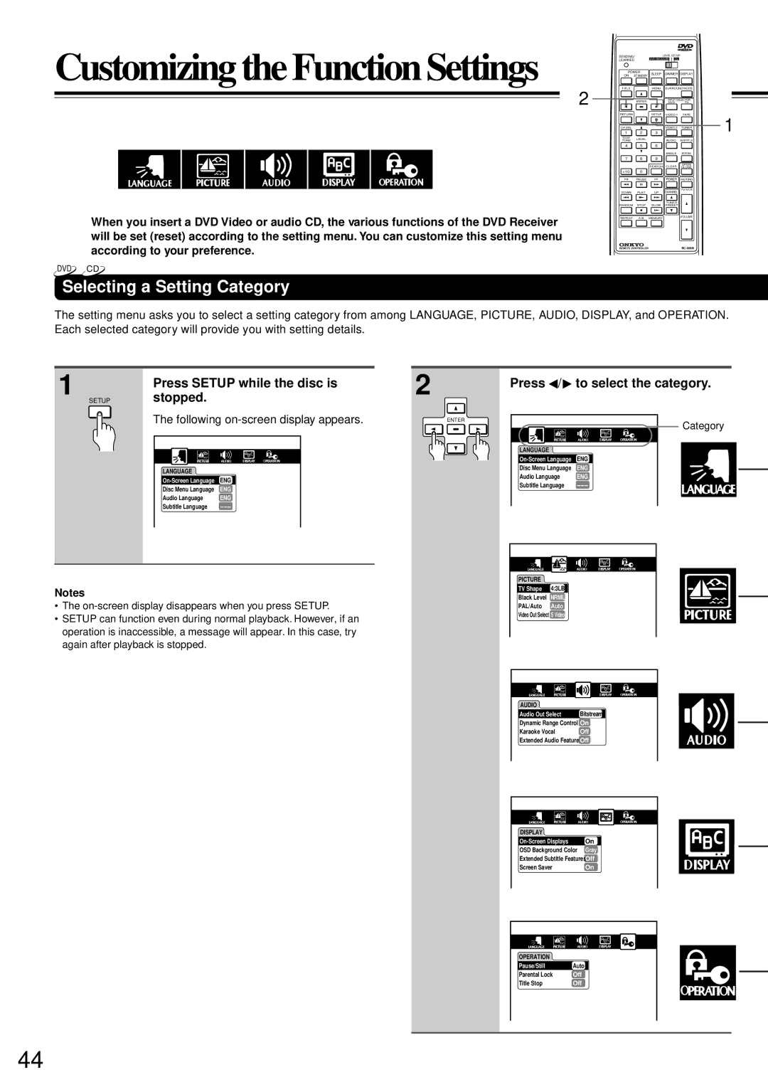 Onkyo DR-90 Customizing the Function Settings, Selecting a Setting Category, Following on-screen display appears 