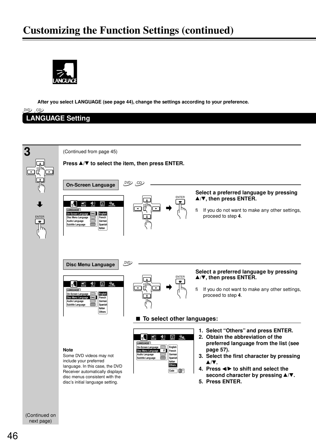 Onkyo DR-90 Language Setting, To select other languages, Press / to select the item, then press Enter, Then press Enter 