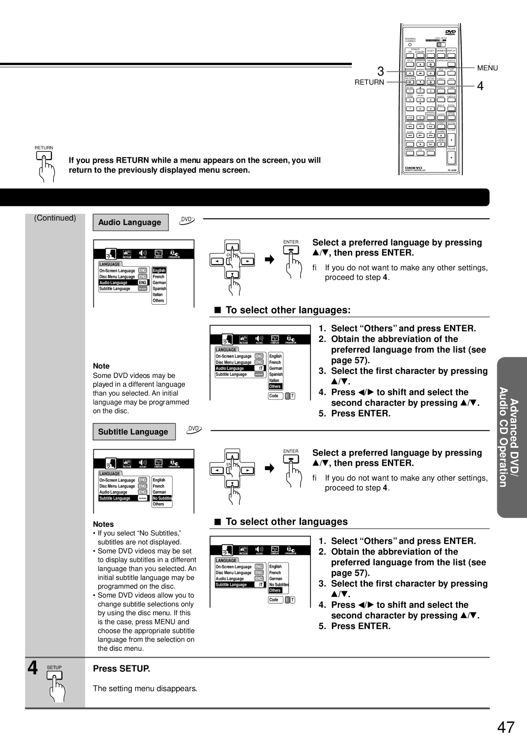 Onkyo DR-90 Select Others and press Enter, Obtain the abbreviation, Preferred language from the list see, Press Setup 