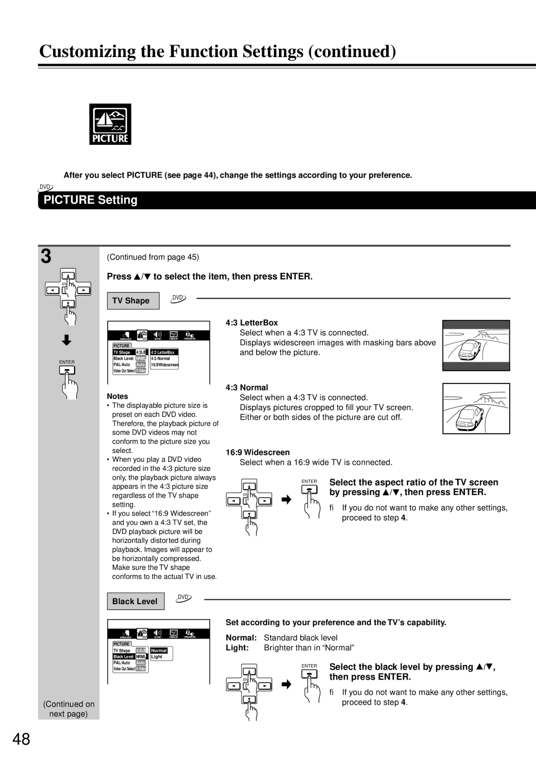 Onkyo DR-90 instruction manual Picture Setting, Select the aspect ratio of the TV screen, By pressing / , then press Enter 